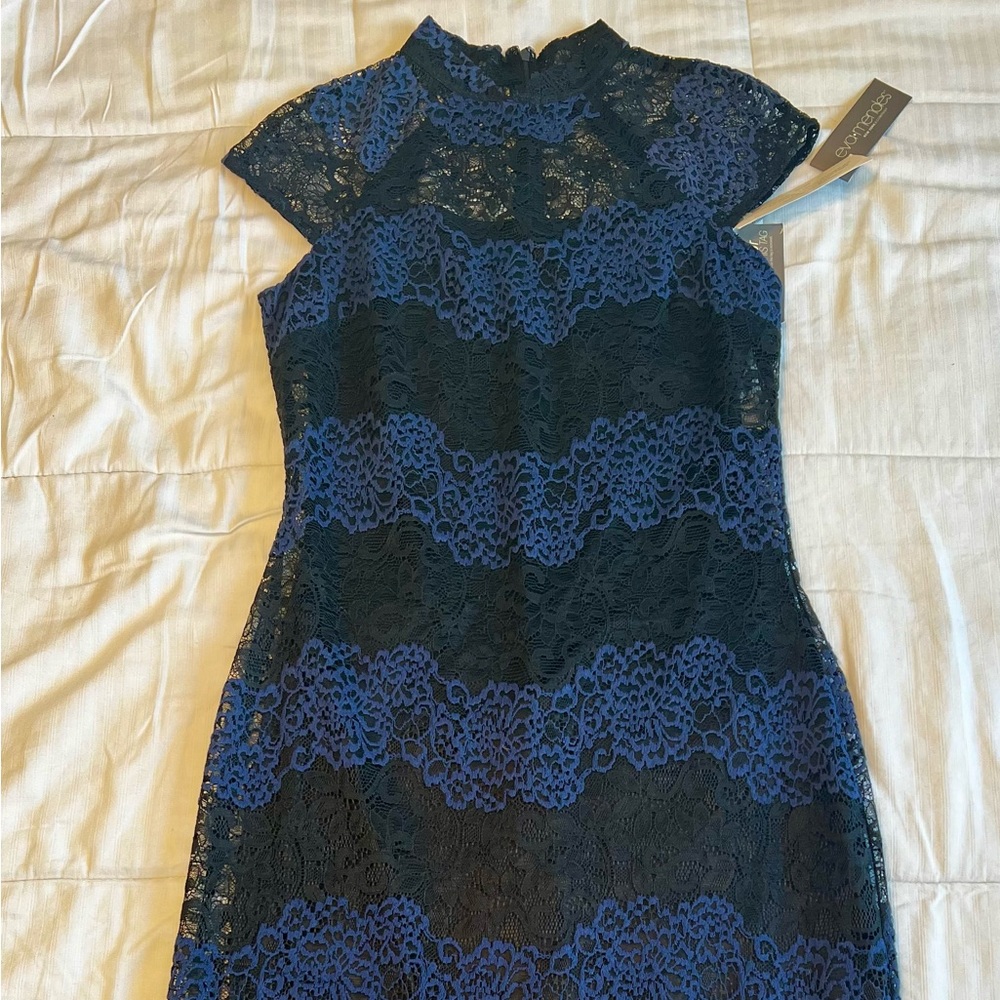 Eva Mendes Women’s Dress Size 2 Black Navy Blue Lace Cap Sleeve Gorgeous Bodycon
